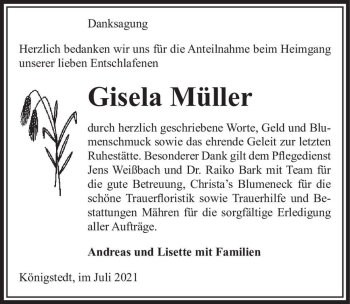 Traueranzeige von Gisela Müller  von Magdeburger Volksstimme