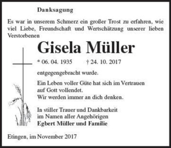 Traueranzeige von Gisela Müller  von Magdeburger Volksstimme