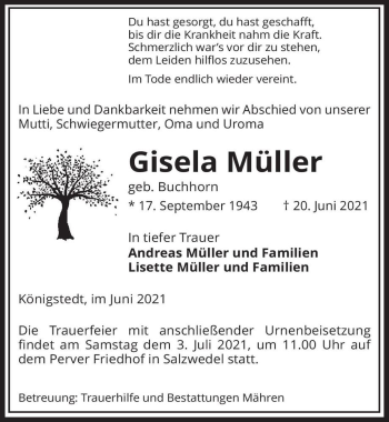 Traueranzeige von Gisela Müller (geb. Buchhorn)  von Magdeburger Volksstimme