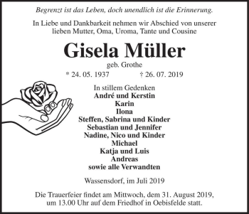 Traueranzeige von Gisela Müller (geb. Grothe)  von Magdeburger Volksstimme