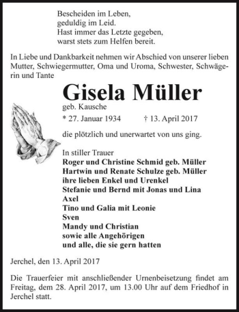 Traueranzeige von Gisela Müller (geb. Kausche)  von Magdeburger Volksstimme