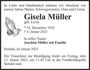 Traueranzeige von Gisela Müller (geb. Levin)  von Magdeburger Volksstimme