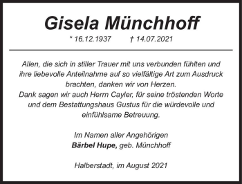 Traueranzeige von Gisela Münchhoff  von Magdeburger Volksstimme