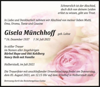 Traueranzeige von Gisela Münchhoff (geb. Lohse)  von Magdeburger Volksstimme