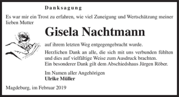 Traueranzeige von Gisela Nachtmann  von Magdeburger Volksstimme