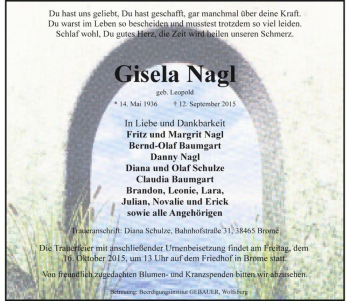 Traueranzeige von Gisela Nagl (geb. Leopold)  von Magdeburger Volksstimme