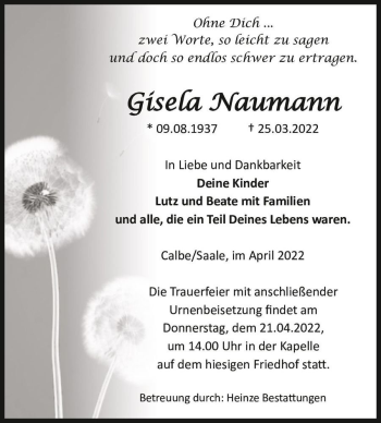 Traueranzeige von Gisela Naumann  von Magdeburger Volksstimme