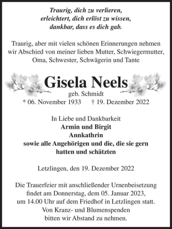Traueranzeige von Gisela Neels (geb. Schmidt)  von Magdeburger Volksstimme