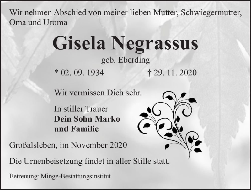  Traueranzeige für Gisela Negrassus (geb. Eberding)  vom 05.12.2020 aus Magdeburger Volksstimme