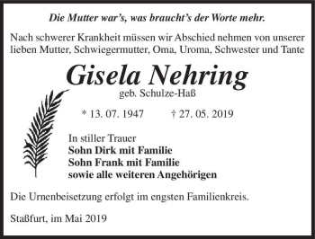 Traueranzeige von Gisela Nehring (geb. Schulze-Haß)  von Magdeburger Volksstimme