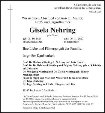 Traueranzeige von Gisela Nehring (geb. Stroh)  von Magdeburger Volksstimme