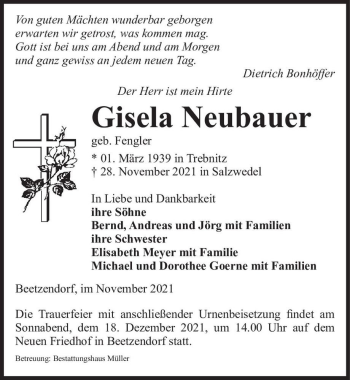 Traueranzeige von Gisela Neubauer (geb. Fengler)  von Magdeburger Volksstimme