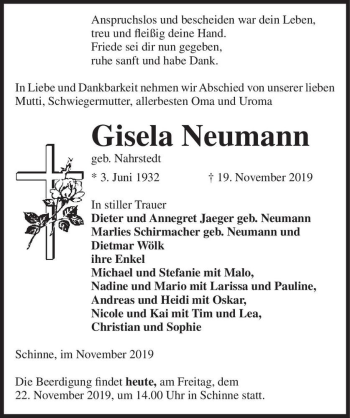 Traueranzeige von Gisela Neumann (geb. Nahrstedt)  von Magdeburger Volksstimme
