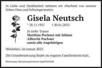 Traueranzeige von Gisela Neutsch  von Magdeburger Volksstimme