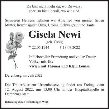 Traueranzeige von Gisela Newi (geb. Ossig)  von Magdeburger Volksstimme