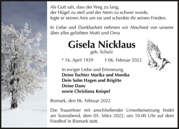 Traueranzeige von Gisela Nicklaus (geb. Schulz)  von Magdeburger Volksstimme