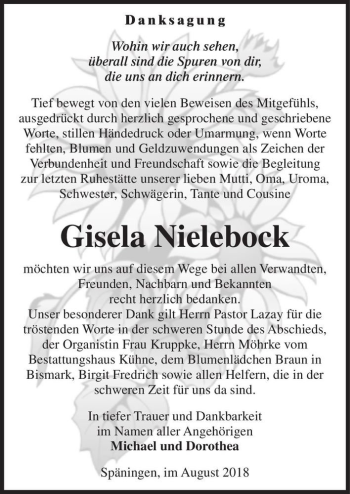 Traueranzeige von Gisela Nielebock  von Magdeburger Volksstimme