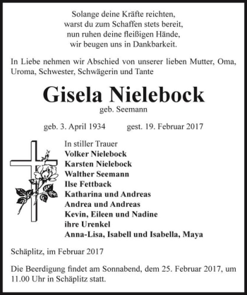 Traueranzeige von Gisela Nielebock (geb. Seemann)  von Magdeburger Volksstimme