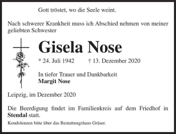 Traueranzeige von Gisela Nose  von Magdeburger Volksstimme