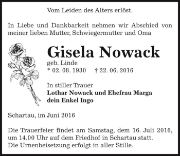 Traueranzeige von Gisela Nowack (geb. Linde)  von Magdeburger Volksstimme