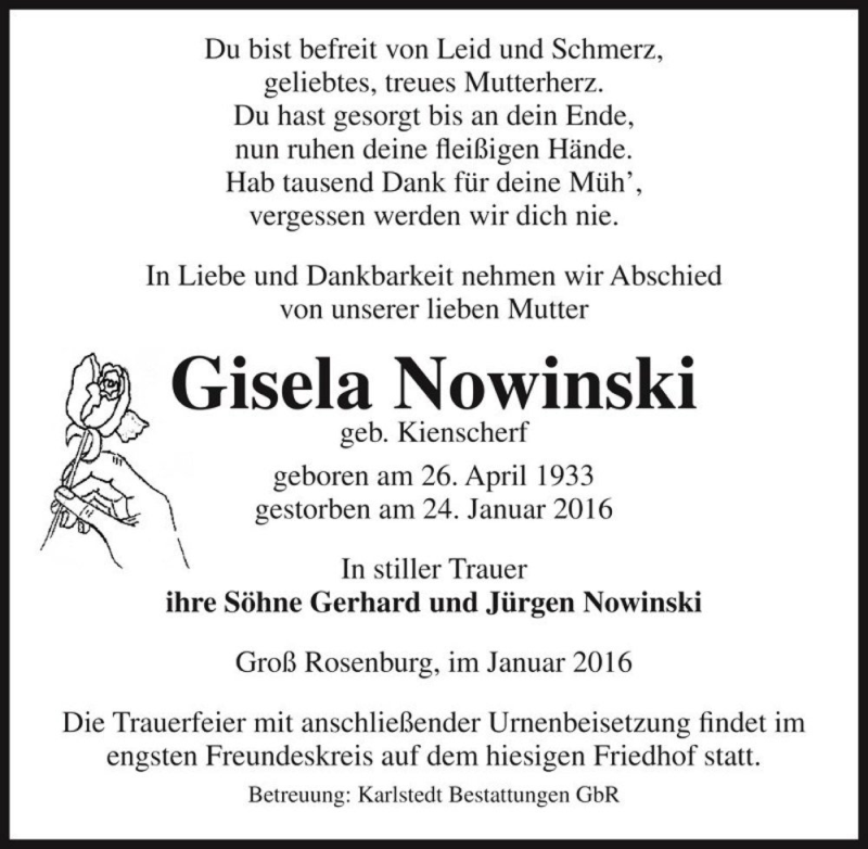  Traueranzeige für Gisela Nowinski (geb. Kienscherf)  vom 30.01.2016 aus Magdeburger Volksstimme