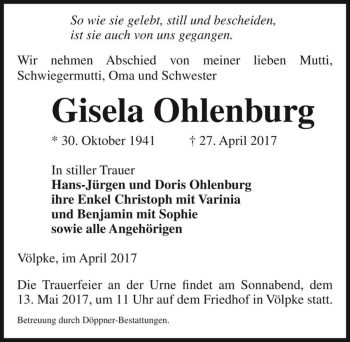 Traueranzeige von Gisela Ohlenburg  von Magdeburger Volksstimme