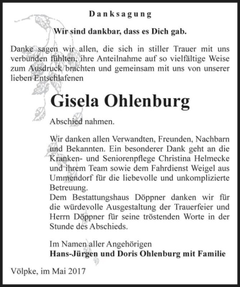 Traueranzeige von Gisela Ohlenburg  von Magdeburger Volksstimme