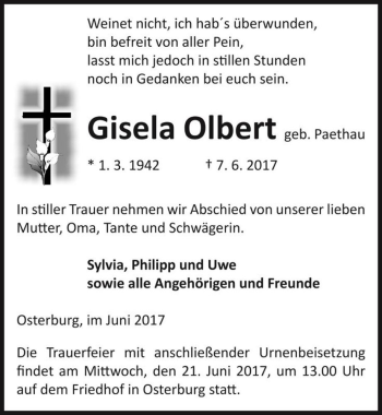 Traueranzeige von Gisela Olbert (geb. Paethau)  von Magdeburger Volksstimme
