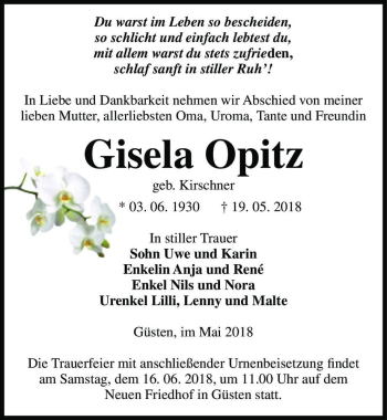 Traueranzeige von Gisela Opitz (geb. Kirschner)  von Magdeburger Volksstimme