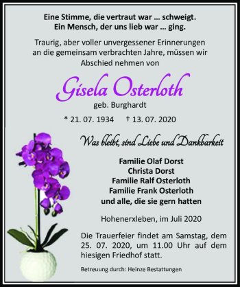 Traueranzeige von Gisela Osterloth (geb. Burghardt)  von Magdeburger Volksstimme