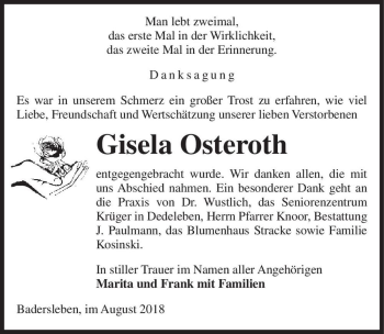Traueranzeige von Gisela Osteroth  von Magdeburger Volksstimme