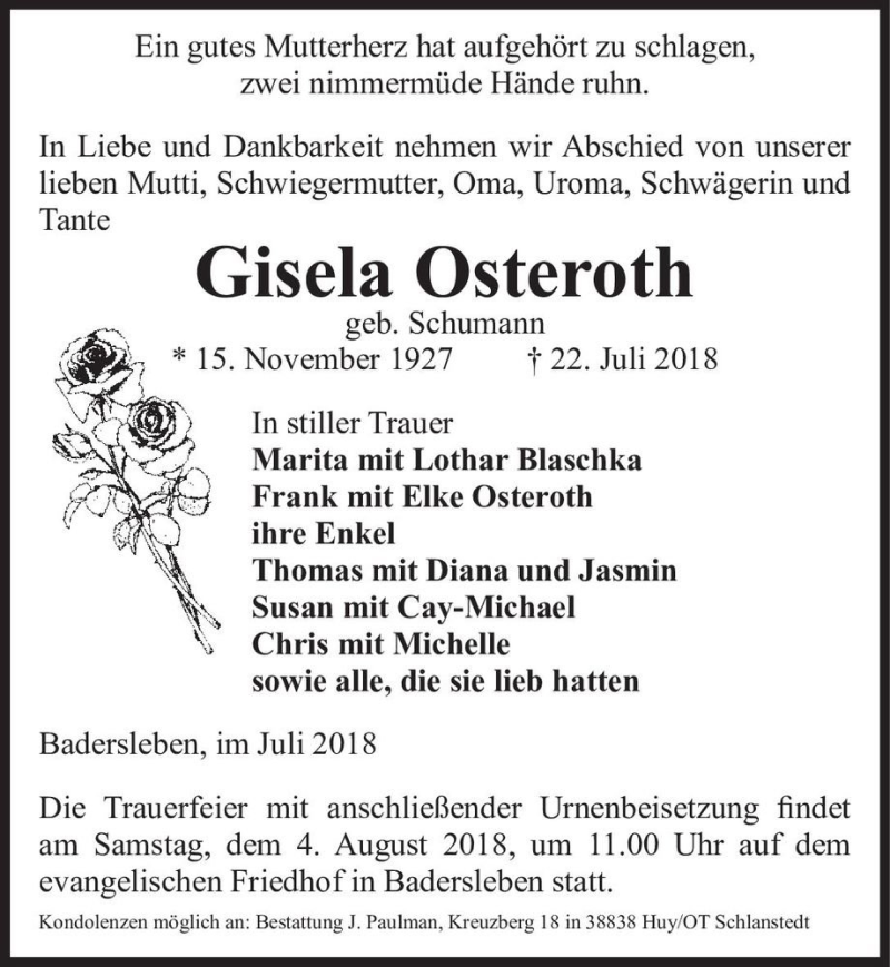  Traueranzeige für Gisela Osteroth (geb. Schumann)  vom 28.07.2018 aus Magdeburger Volksstimme