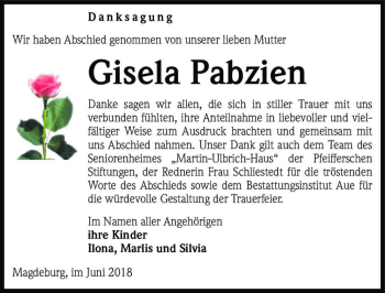 Traueranzeige von Gisela Pabzien  von Magdeburger Volksstimme
