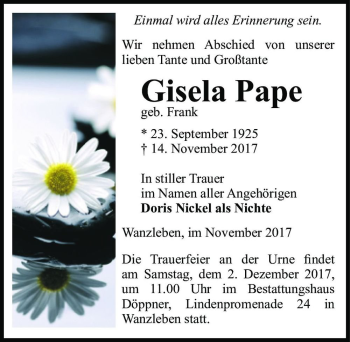 Traueranzeige von Gisela Pape (geb. Frank)  von Magdeburger Volksstimme