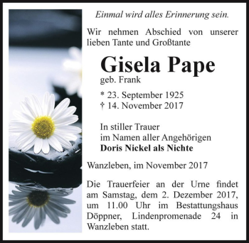 Traueranzeige von Gisela Pape (geb. Frank)  von Magdeburger Volksstimme