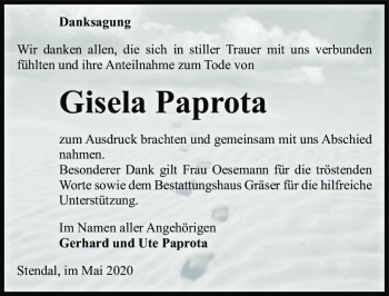 Traueranzeige von Gisela Paprota  von Magdeburger Volksstimme