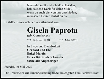 Traueranzeige von Gisela Paprota (geb. Gonschoreck)  von Magdeburger Volksstimme