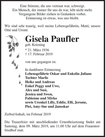 Traueranzeige von Gisela Paufler (geb. Kriening)  von Magdeburger Volksstimme