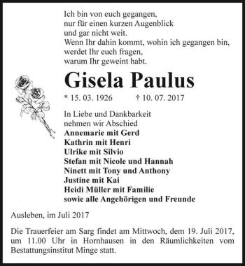 Traueranzeige von Gisela Paulus  von Magdeburger Volksstimme