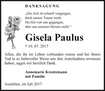 Traueranzeige von Gisela Paulus  von Magdeburger Volksstimme