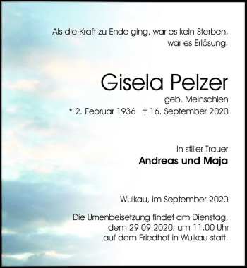 Traueranzeige von Gisela Pelzer (geb. Meinschien)  von Magdeburger Volksstimme