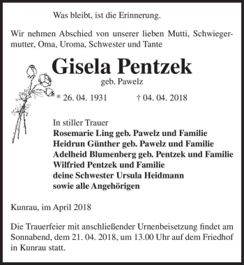 Traueranzeige von Gisela Pentzek (geb. Pawelz)  von Magdeburger Volksstimme
