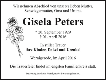 Traueranzeige von Gisela Peters  von Magdeburger Volksstimme
