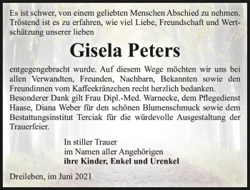 Traueranzeige von Gisela Peters  von Magdeburger Volksstimme