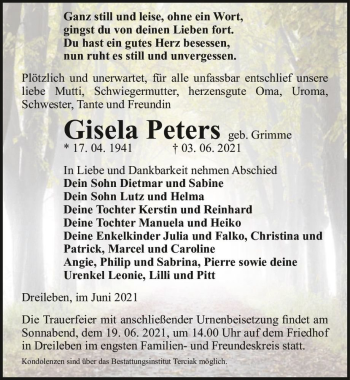 Traueranzeige von Gisela Peters (geb. Grimme)  von Magdeburger Volksstimme