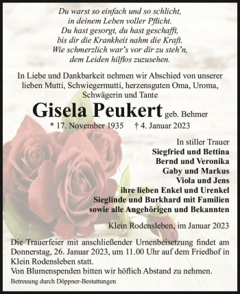 Traueranzeige von Gisela Peukert (geb. Behmer)  von Magdeburger Volksstimme