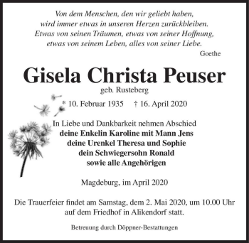 Traueranzeige von Gisela Peuser (geb. Rusteberg)  von Magdeburger Volksstimme