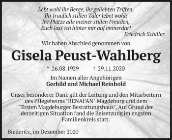 Traueranzeige von Gisela Peust-Wahlberg  von Magdeburger Volksstimme