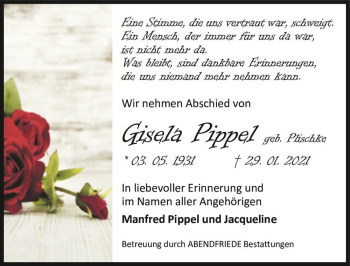 Traueranzeige von Gisela Pippel (geb. Plischke)  von Magdeburger Volksstimme