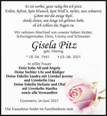 Traueranzeige von Gisela Pitz (geb. Hennig)  von Magdeburger Volksstimme